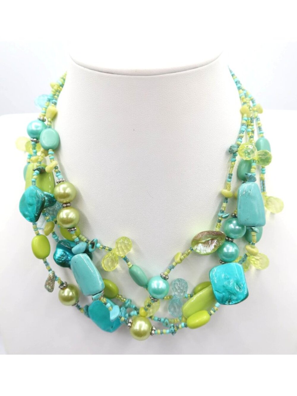 Lime Green & Faux Turquoise Multistrand Beaded Statement Choker Necklace Unsigne